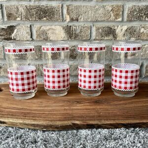 Vintage Set Of 4 Libbey Drinking Glasses Checkered Plaid Design Gingham Red